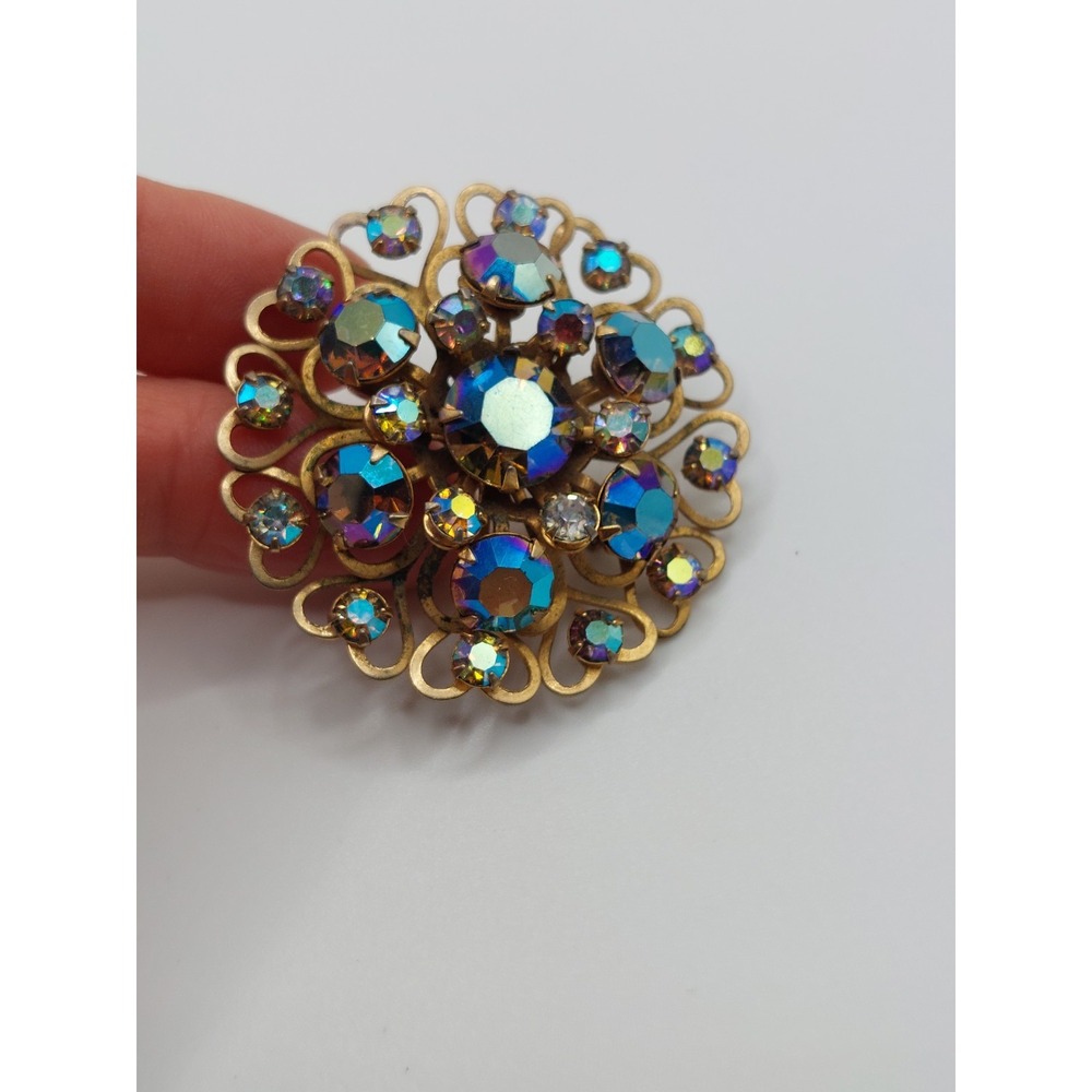 Aurora Borealis Rhinestone Brooch Gold Filigree Flower Grandmillennial Vintage - Picture 9 of 12